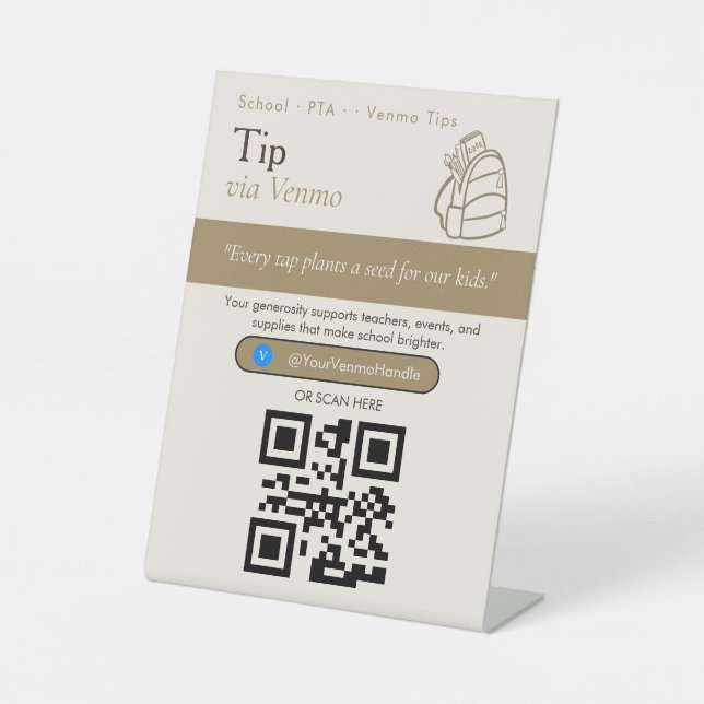 Moderne Venmo-Tipps QR-Code-Schilder | Venmo-Tipps Sockelschild (Vorderseite)