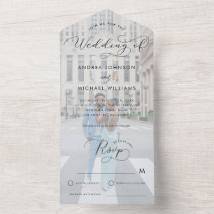 Moderne verblasste Foto- und Schriftfoto-Hochzeit All In One Einladung