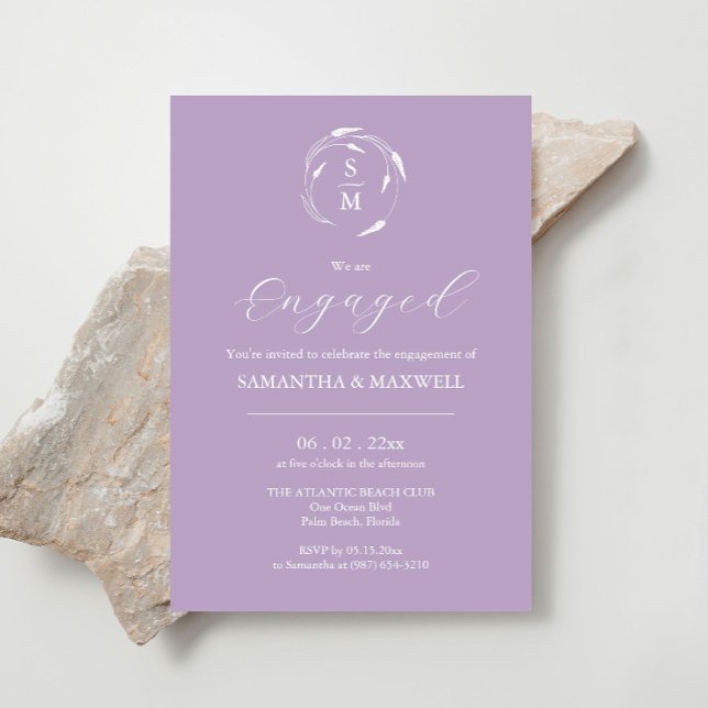 Moderne Verlobung Einladung Designs Lavender (Engagement invitations monogram minimalistic lavender line art by Victoria Grigaliunas )