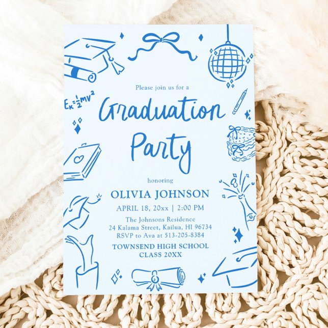 Moderne verspielte handgezeichnete blaue Abschluss Einladung (Modern Whimsical Hand Drawn Blue Graduation Party Invitation)
