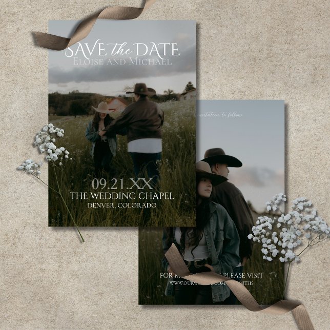Moderne vertikale doppelseitige Foto-Save-the-Date Einladung (Modern Vertical Double-sided Photo Save The Date Invitation)