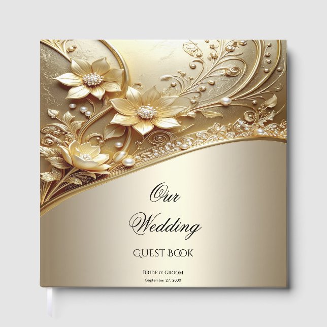 Moderne verzierte Gold-Blumen mit Perlen Gästebuch (Vorderseite)