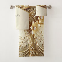Moderne verzierte goldene Blumenhandtuchgarnitur
