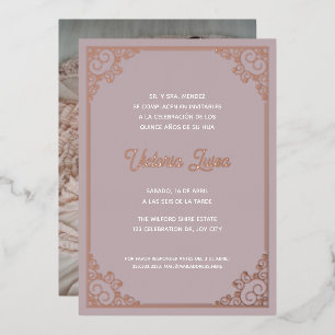 Moderne, verzierte Rahmen-Rosa-Quinceañera-Foto Folieneinladung