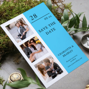 Moderne Vier-Foto-Hochzeit im Himmelblau Save The Date