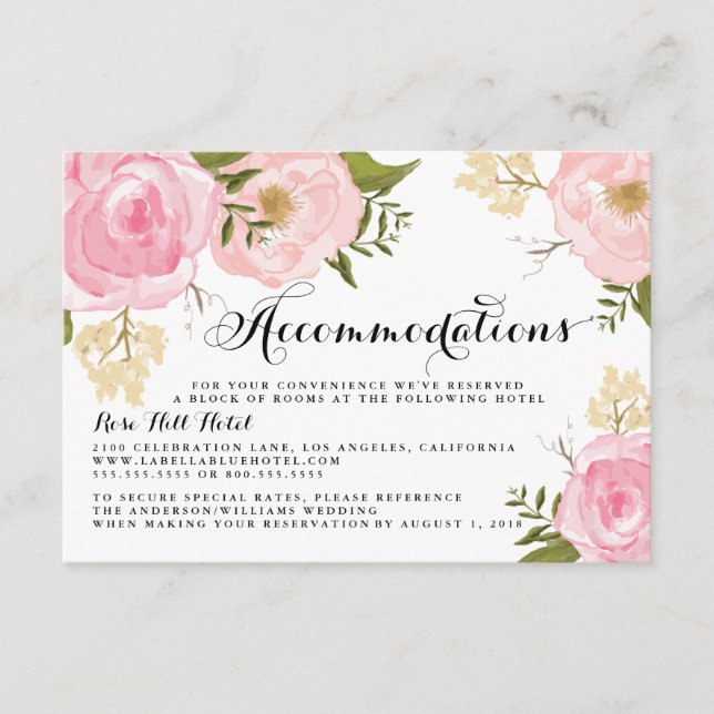 Moderne, Vintag-rosa-florale Hochzeitsunterkunft Begleitkarte (Vorderseite)