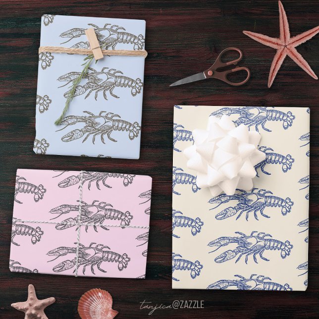 Moderne Vintage Blaue Beige Rosa Hummer Geschenkpapier Set (Von Creator hochgeladen)