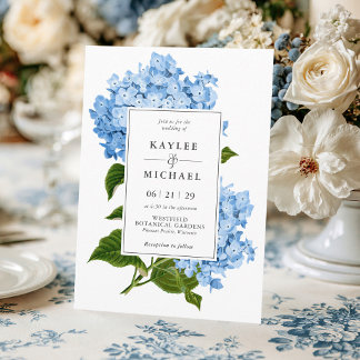 Moderne Vintage-Blumen-Hochzeit in Blau mit Horten Einladung