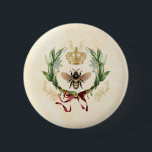 Moderne Vintage Botanische Königin Button<br><div class="desc">Modernes Vintages botanisches Bienenhoniginsekt,  Retro-Vintages,  elegantes Blattwerk,  blühender botanischer Blumengarten,  Blumenblättern im Sommer,  Veranschaulichung der luxuriösen Aquarellfarbe,  Kronenkratzennektar,  niedliche schöne Buzz-Schönheit ,  Gelbe Flügel Blume Tier,  Goldwild Honigbiene,  Insektenhonigbug , </div>