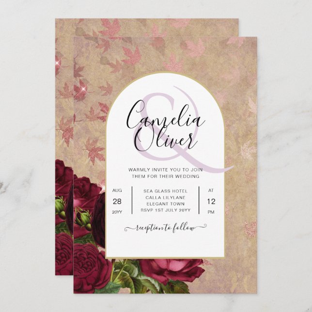 Moderne Vintage botanische Rote Rosen zum Hochzeit Einladung (Vorne/Hinten)