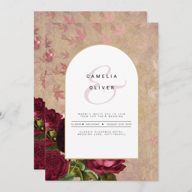 Moderne Vintage botanische Rote Rosen zum Hochzeit Einladung (Vorne/Hinten)