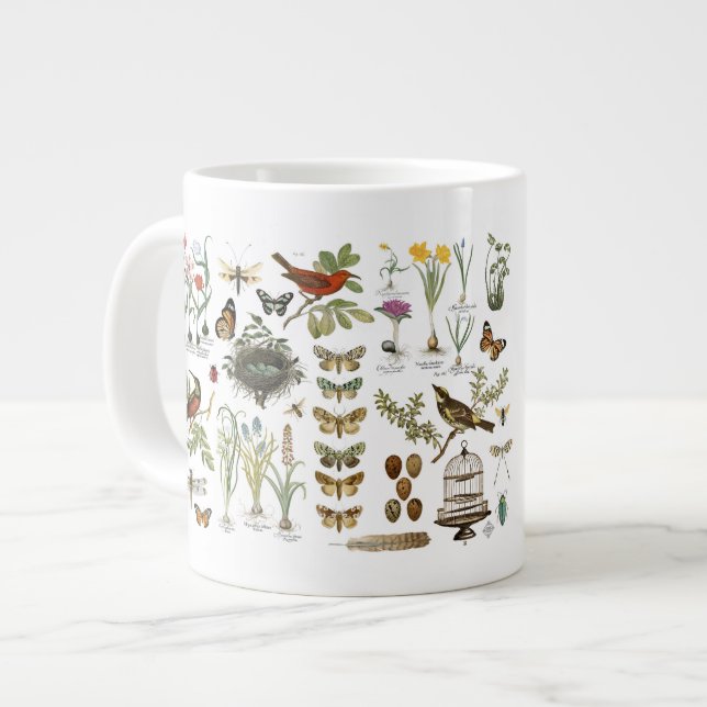 moderne Vintage botanische Vögel und Blume Jumbo-Tasse (Vorderseite Links)