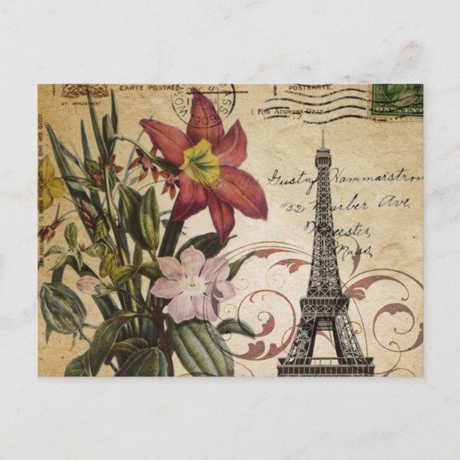 moderne Vintage Drehbücher lila Paris Eiffel Tower Postkarte (Vorderseite)