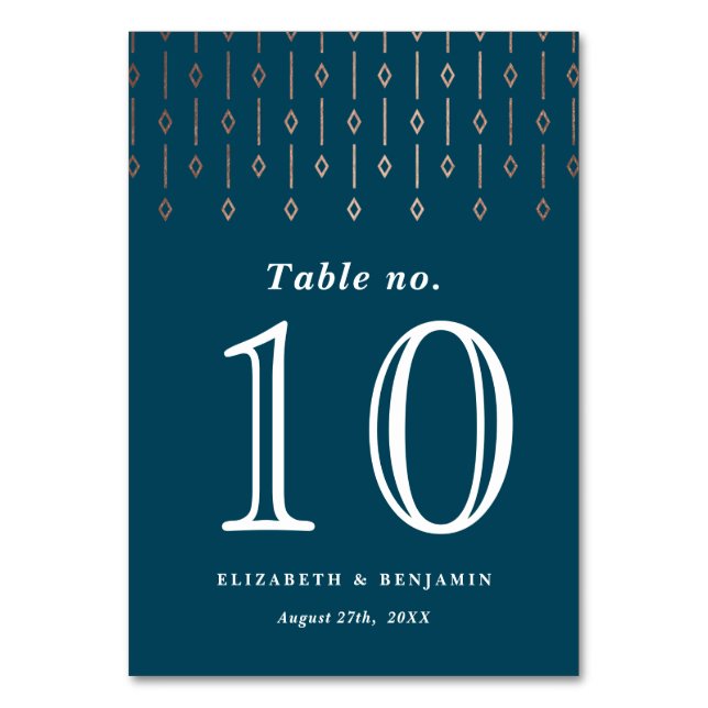 Moderne Vintage, dunkle Aquamarine Rose Gold Foil  Tischnummer (Vorderseite)