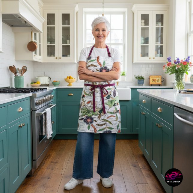 Moderne Vintage französische Bienen & Blume Schürze (Serving recipes and cottagecore energy in this bee botanical apron)