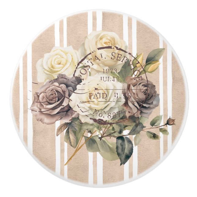 Moderne vintage französische botanische Streifen Keramikknauf (Vorderseite)