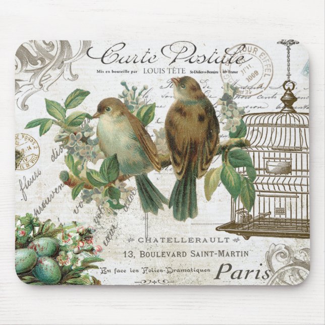 Moderne Vintage französische Vögel und Birdcage Mousepad (Vorne)