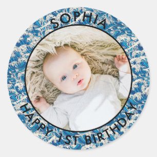 Moderne vintage Glücklicher 1. Geburtstag Foto Oze Runder Aufkleber
