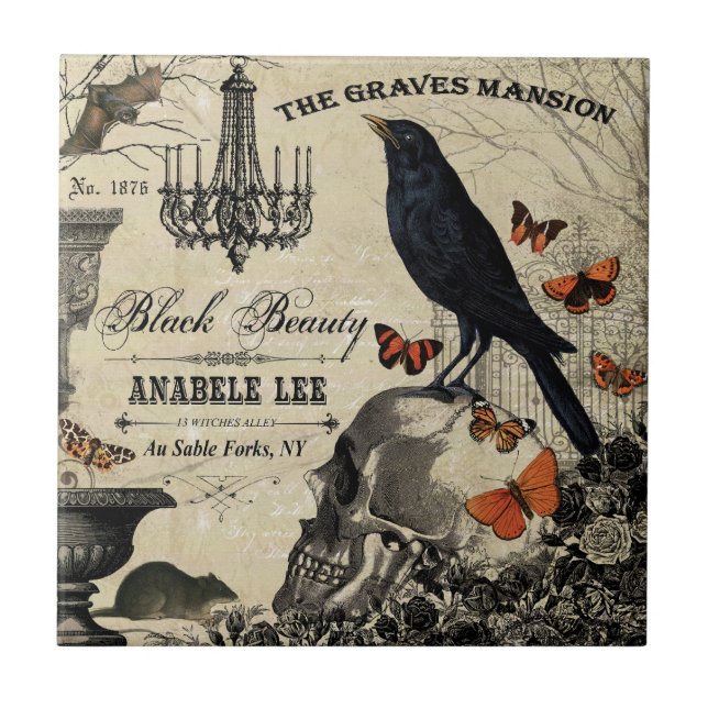 moderne Vintage Halloween Crop and Skull Fliese (Vorderseite)