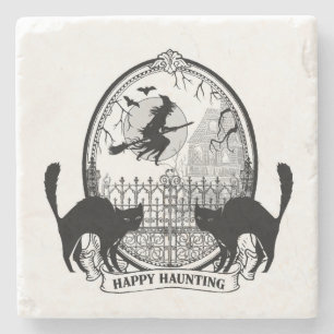 moderne Vintage Halloween-Hexe und Katze Steinuntersetzer