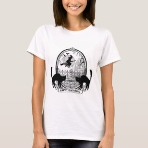 moderne Vintage Halloween-Hexe und Katze T-Shirt