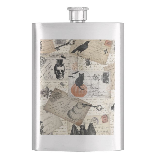 Moderne Vintage Halloween-Postkarten Flachmann (Vorderseite)