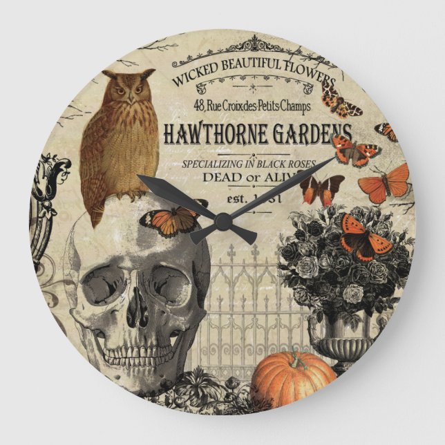 Moderne Vintage Halloween-Uhu und -Schädel Große Wanduhr (Vorderseite)