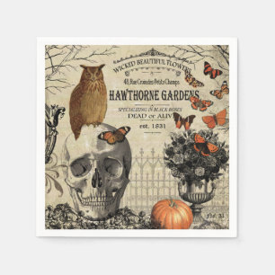 Moderne Vintage Halloween-Uhu und -Schädel Serviette