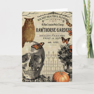 Moderne Vintage Halloweeneule und -schädel Karte