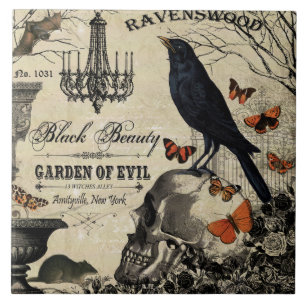 moderne Vintage Halloweenkrähe und -schädel Fliese