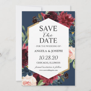 Moderne Vintage Hochzeit in Burgund Blush Blues Save The Date