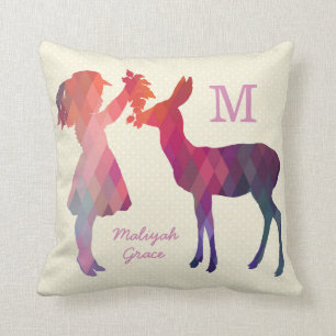 Moderne Vintage Mädchen- und Hirsch-Monogramm-Wurf Kissen