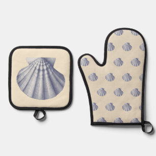 Moderne Vintage Navy Blue Muschel auf Cream Beige Ofenhandschuh & Topflappen-Set