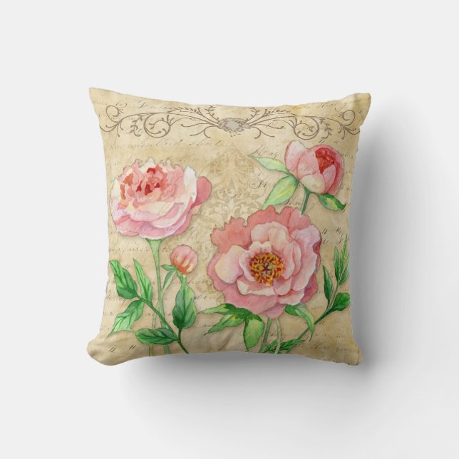 Moderne Vintage Peony Floral Wirbel Mutterkissen Kissen (Vorderseite)