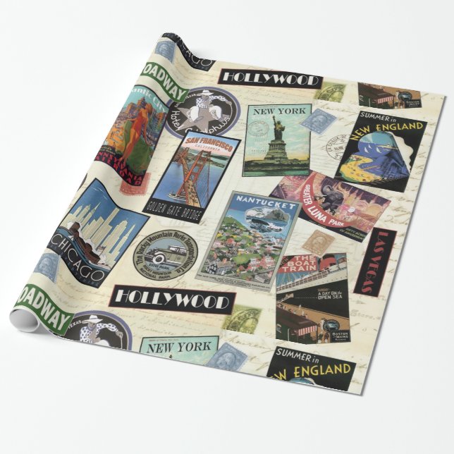 Moderne Vintage Reise USA Geschenkpapier (Ungerollt)