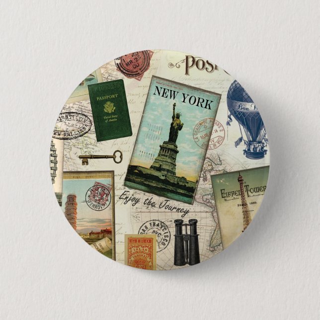 moderne Vintage-Reisecollage Button (Vorderseite)