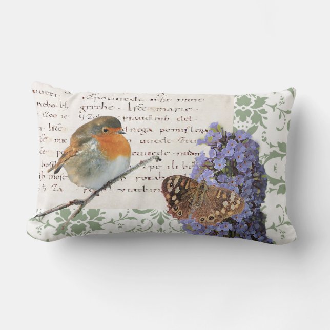 Moderne Vintage Robin-Vogel-Blumen und Lendenkissen (Vorderseite)