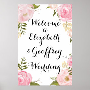 Moderne Vintage Rosa Blumen Hochzeit Willkommensba Poster