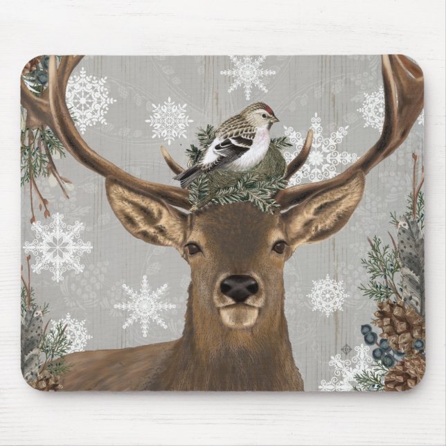 moderne vintage rustikale Waldhirsche im Winter Mousepad (Vorne)