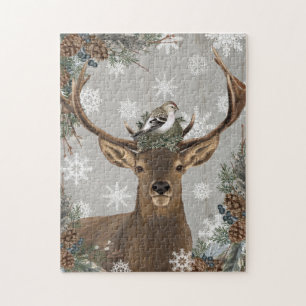 moderne vintage rustikale Waldlandschaft Winterhir Puzzle