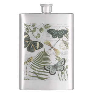 moderne Vintage-Schmetterlinge und Libellen Flachmann