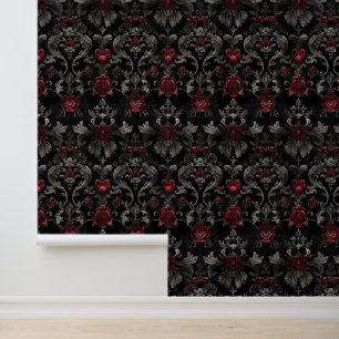 Moderne Vintage Schwarz und Rot Damast Gothic Tapete