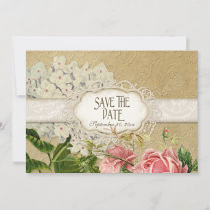Moderne Vintage-Spitze-Teefleck-Hortensie und Rose Save The Date