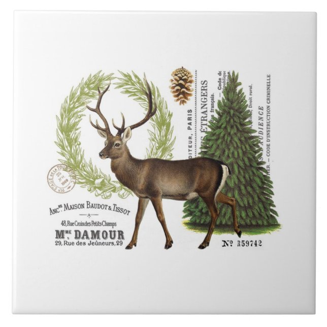 moderne vintage-wald-winter-hirsch fliese (Vorderseite)