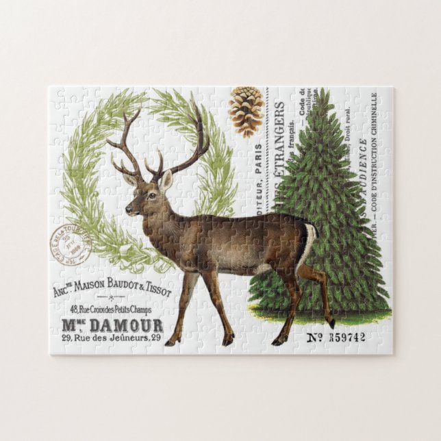 moderne Vintage Waldwinterrotwild Puzzle (Horizontal)
