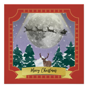 Moderne Vintage-Weihnachtsnacht mit Santa-Rentier Poster