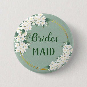 Moderne Vintage weiße Blume auf der grünen Bridmai Button