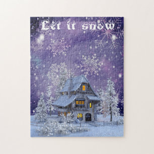 Moderne Vintage-Winter-Schneeflocken-Haus Puzzle