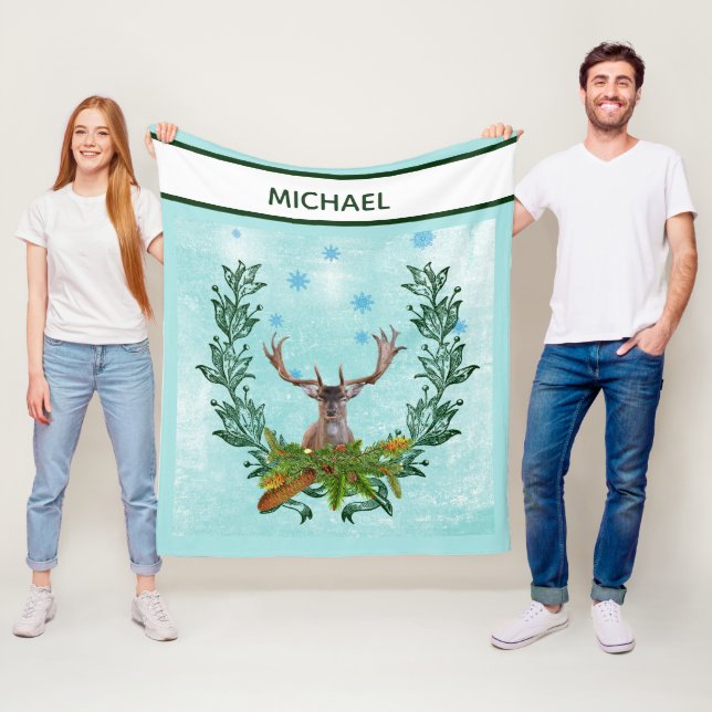 Moderne Vintage Winterschneeflocken Hirschen Fleecedecke (Beispiel)