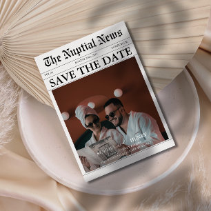 Moderne Vintage Zeitungsfeier im Fun-Style-Foto Save The Date